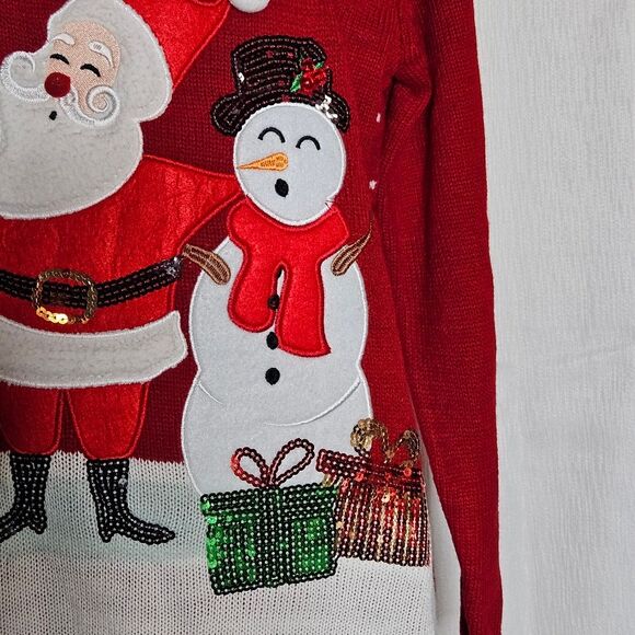 Karen Scott Santa Snowman Reindeer & Sequins Red Knit Ugly Christmas Sweater - Picture 5 of 12